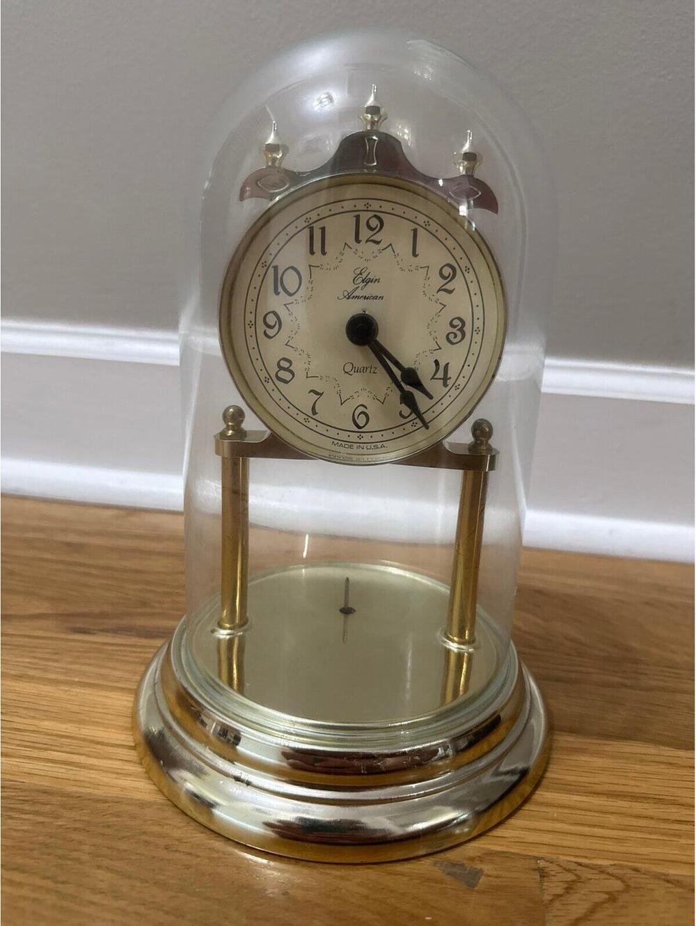 Vintage Elgin American Quartz Anniversary Clock Glass Dome Gold Tone**see notes